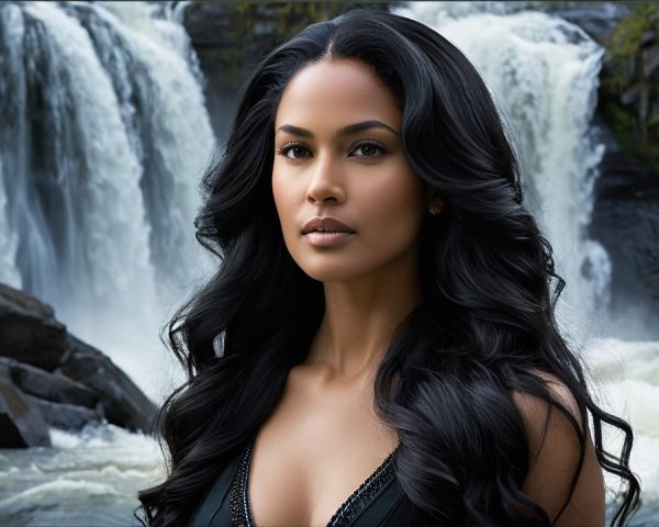 Portrait of a woman by a tranquil waterfall scene