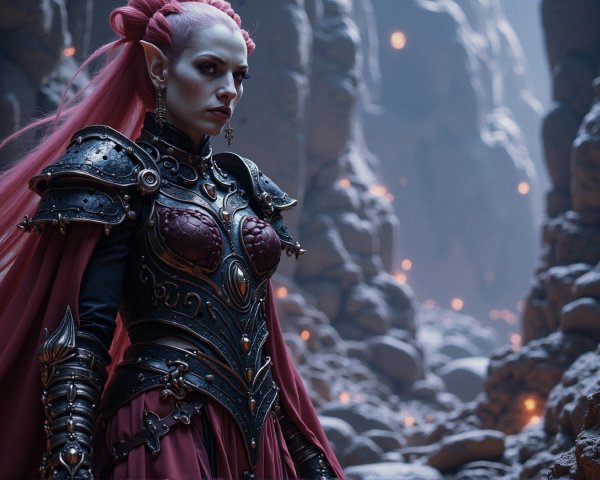 Powerful figure in dark armor within a glowing cavern