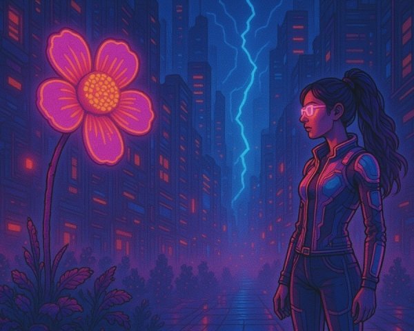 Futuristic Urban Scene with Glowing Flower and Lightning