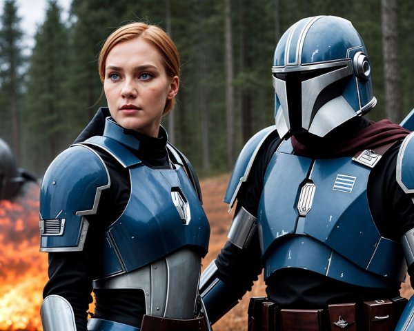 Warriors in Blue Armor Amidst Forest and Machinery
