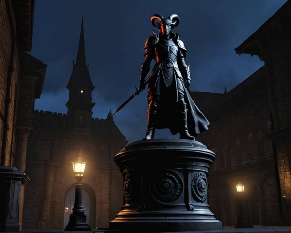Armored Statue in Dimly Lit Historic Plaza