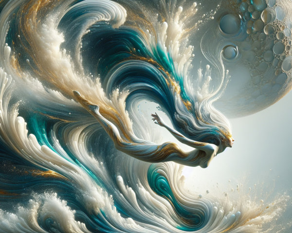 Vibrant Figure in Dynamic Waves and Celestial Background
