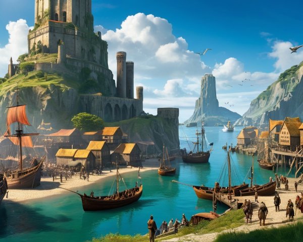 Coastal Harbor Scene with Castle and Rocky Islands