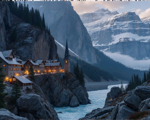 Illuminated building by river and snow-capped mountains
