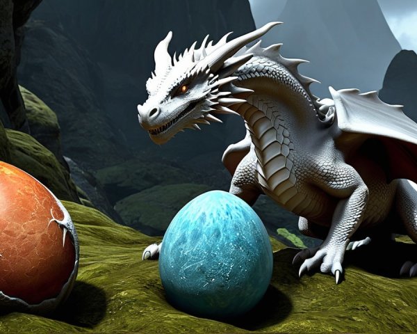 Majestic white dragon with colorful eggs in rocky terrain