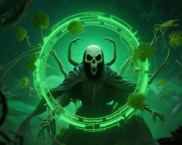 Skeletal Figure in Eerie Forest with Glowing Rune