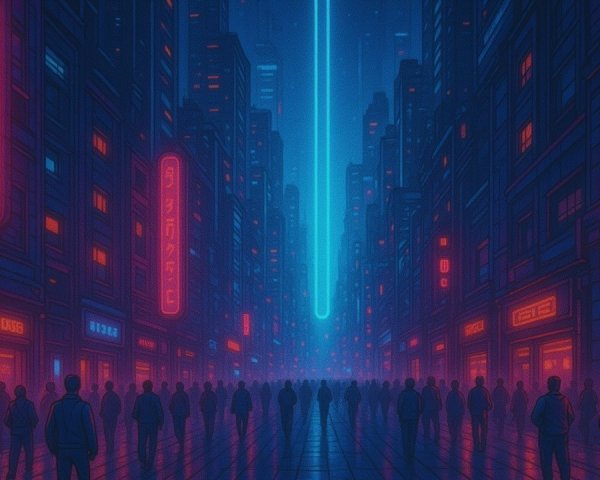Neon-Lit Cityscape with Bustling Street Silhouettes