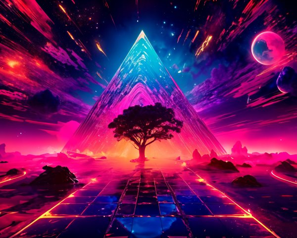 Surreal Landscape with Neon Pyramid and Cosmic Elements