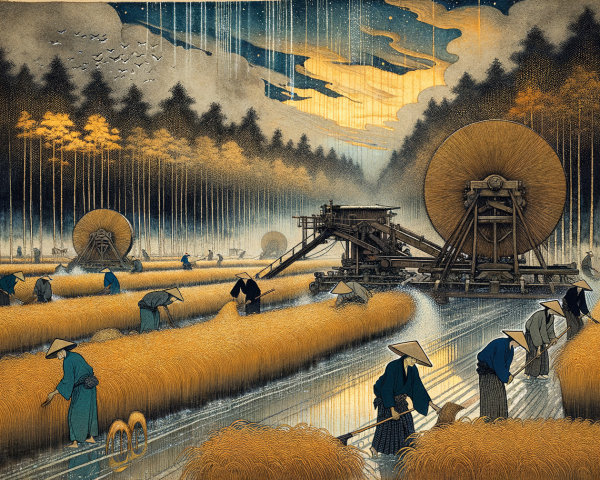 Serene Rice Harvest Scene at Dusk in Lush Landscape