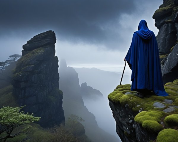 Cloaked Figure at Misty Cliff Overlooking Landscape