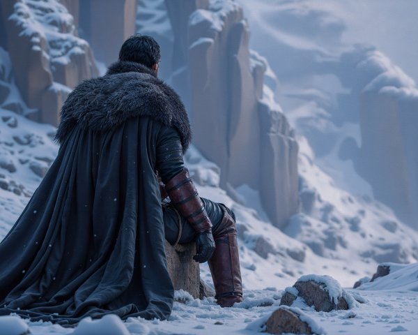 Lone Figure in Snowy Landscape with Icy Cliffs