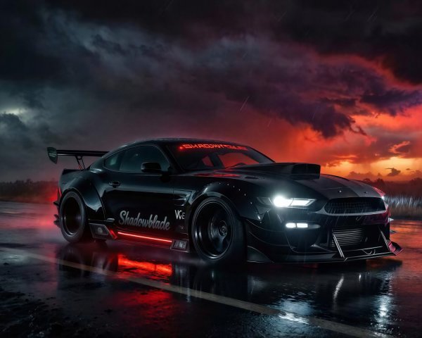 Customized Black Ford Mustang on Wet Highway at Night