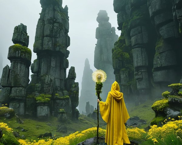 Figure in Yellow Robe in Misty Landscape with Pillars