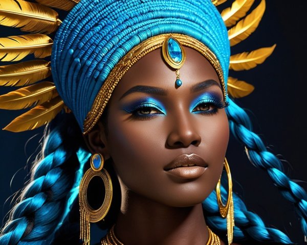 Portrait of a woman in blue and gold attire with feathers