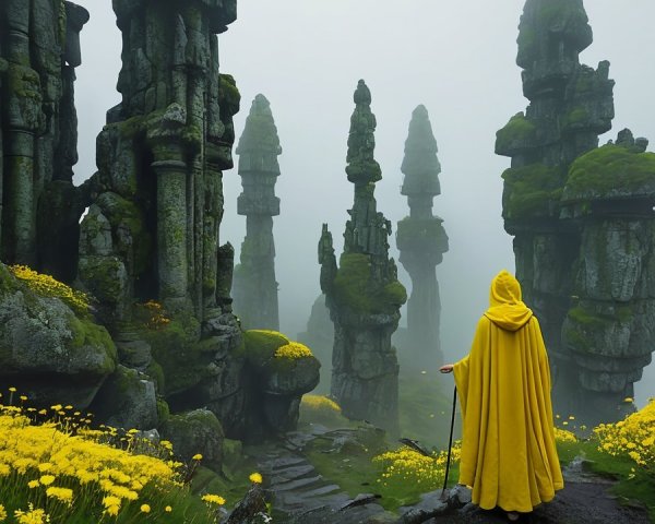 Mysterious Foggy Landscape with Stone Formations and Cloak