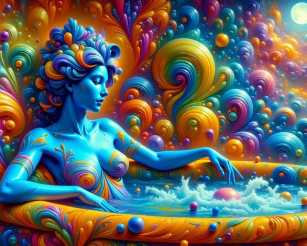 Surreal Scene with Blue-Skinned Figure and Orbs