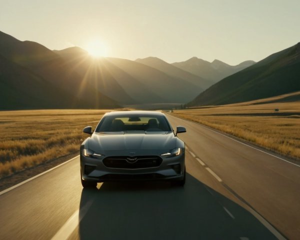 Modern car on winding road with sunset backdrop