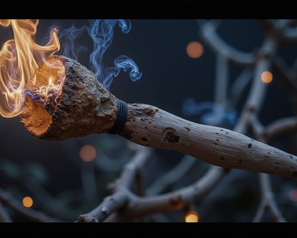 Rustic Handmade Torch with Flickering Flames and Smoke
