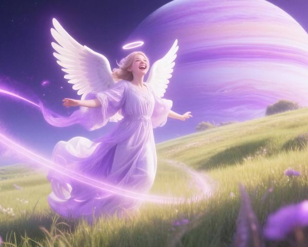 Joyous Young Woman with Angel Wings in Ethereal Dress