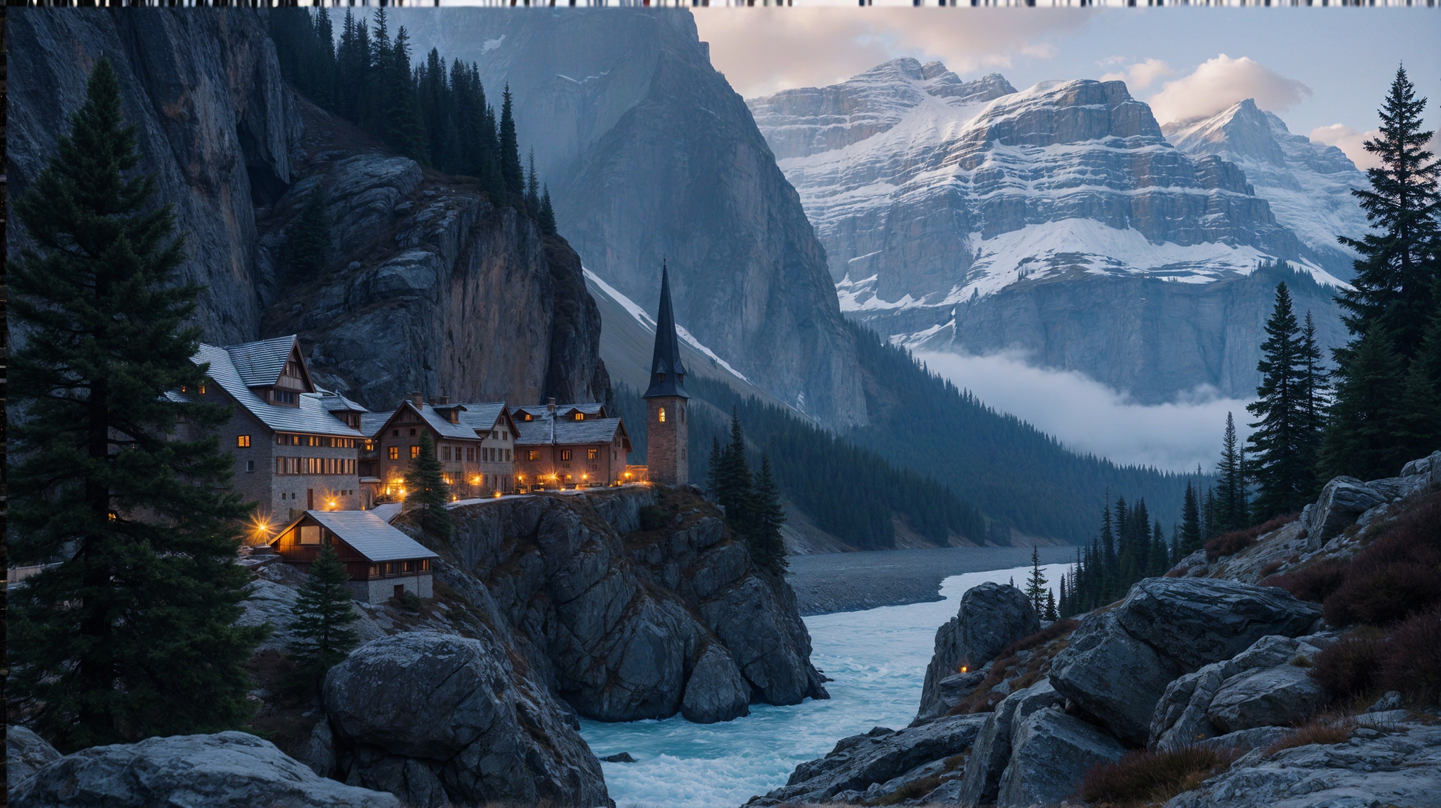 Illuminated building by river and snow-capped mountains