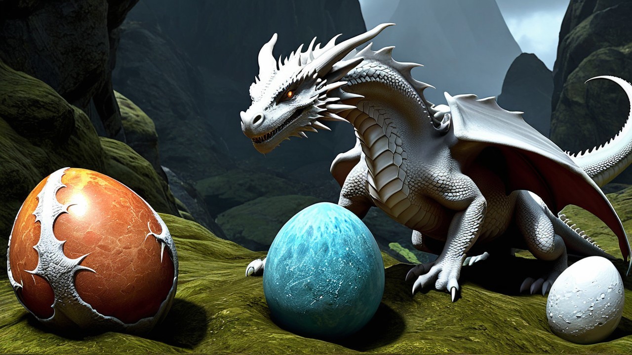 Majestic white dragon with colorful eggs in rocky terrain