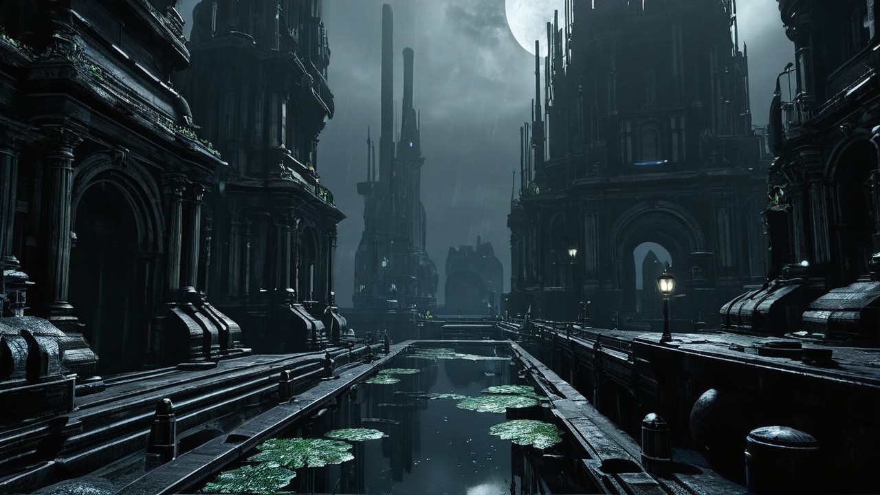 Futuristic Cityscape with Moonlit Canal and Lanterns