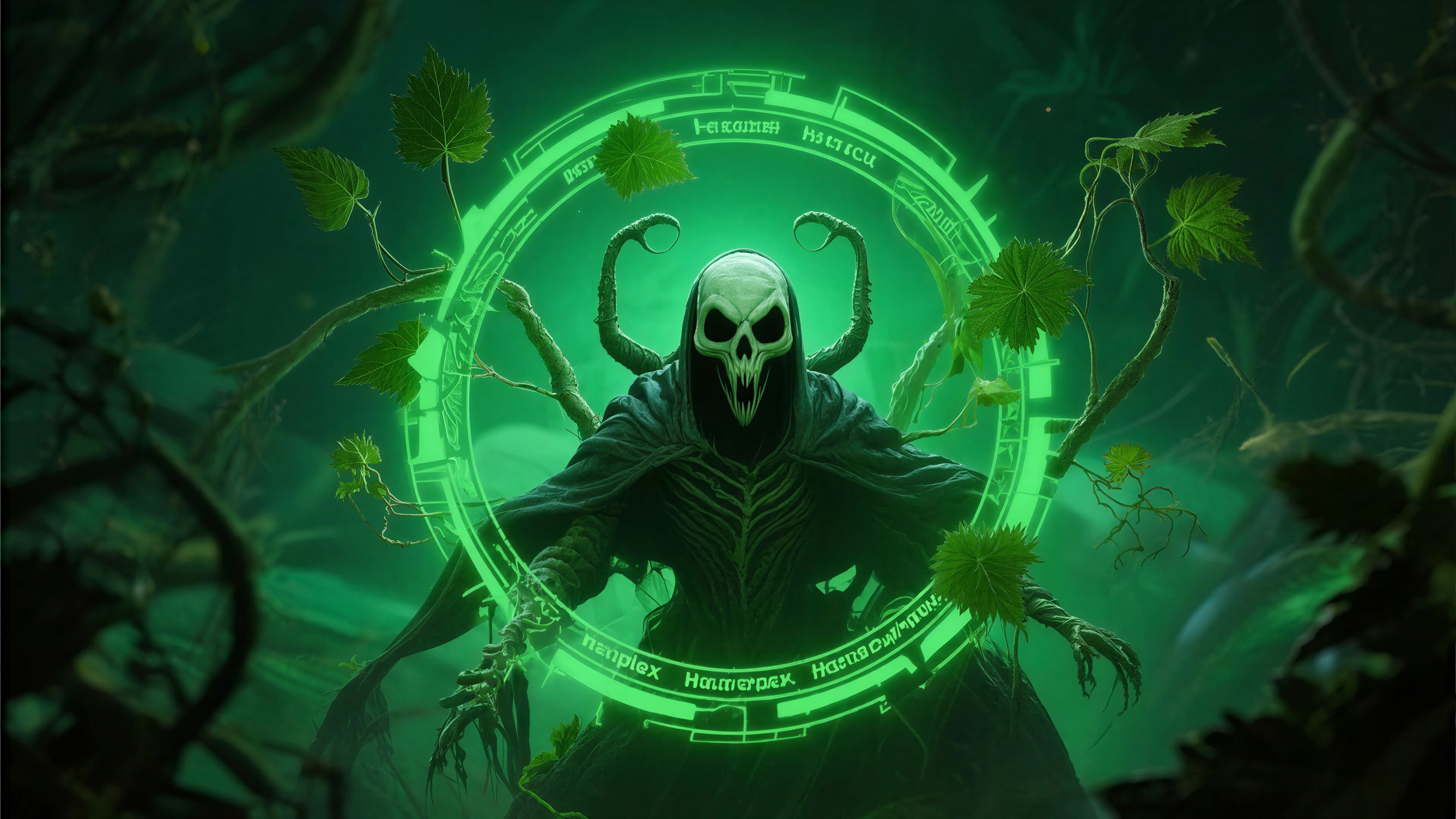 Skeletal Figure in Eerie Forest with Glowing Rune