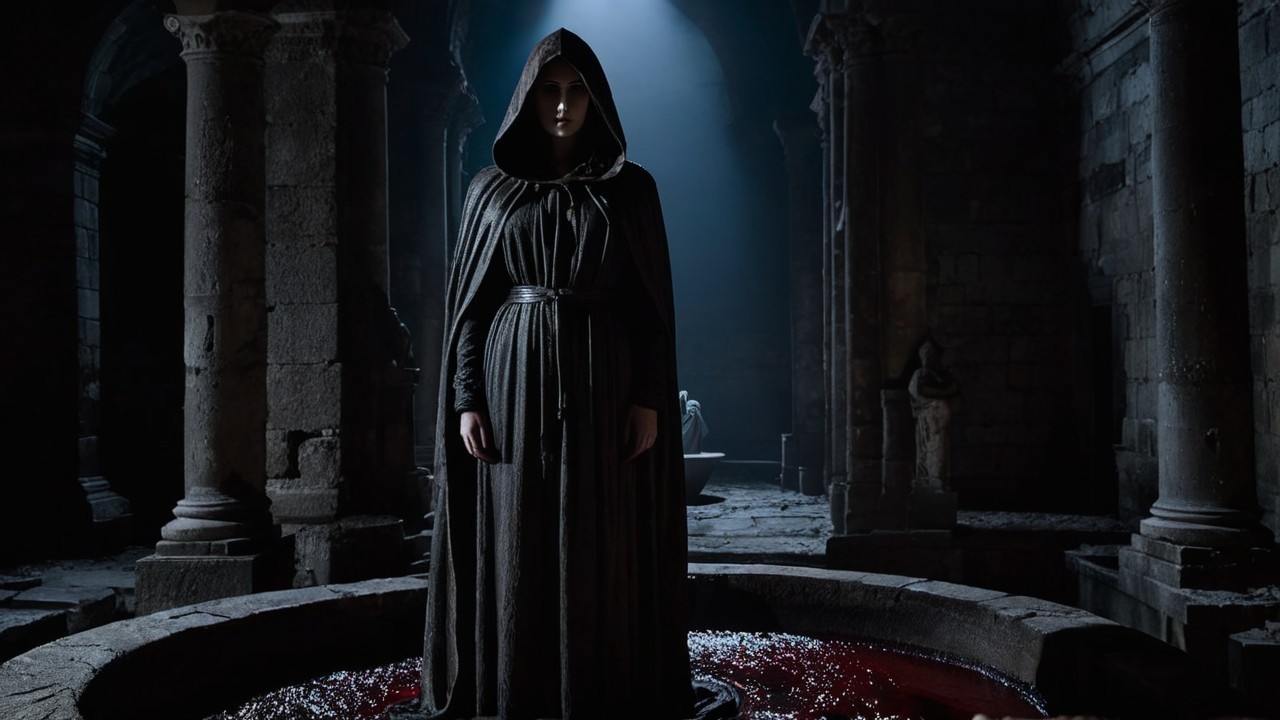 Cloaked figure in dark liquid within ancient chamber