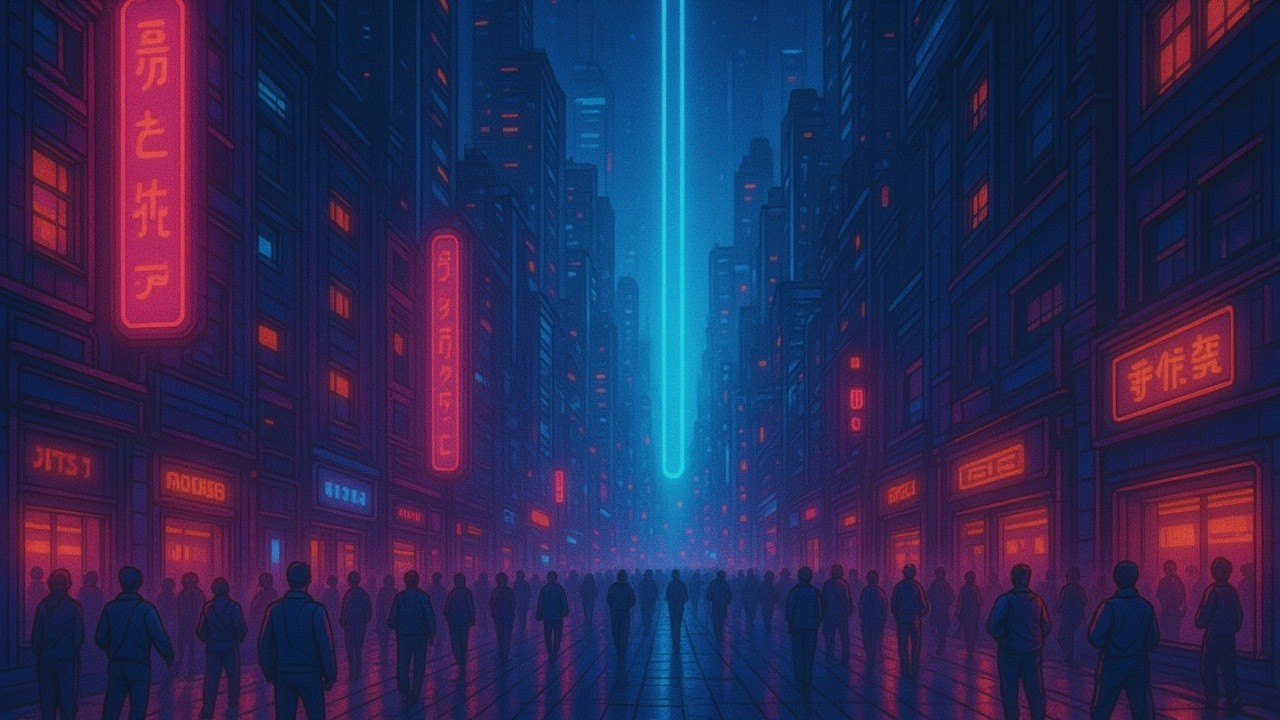 Neon-Lit Cityscape with Bustling Street Silhouettes