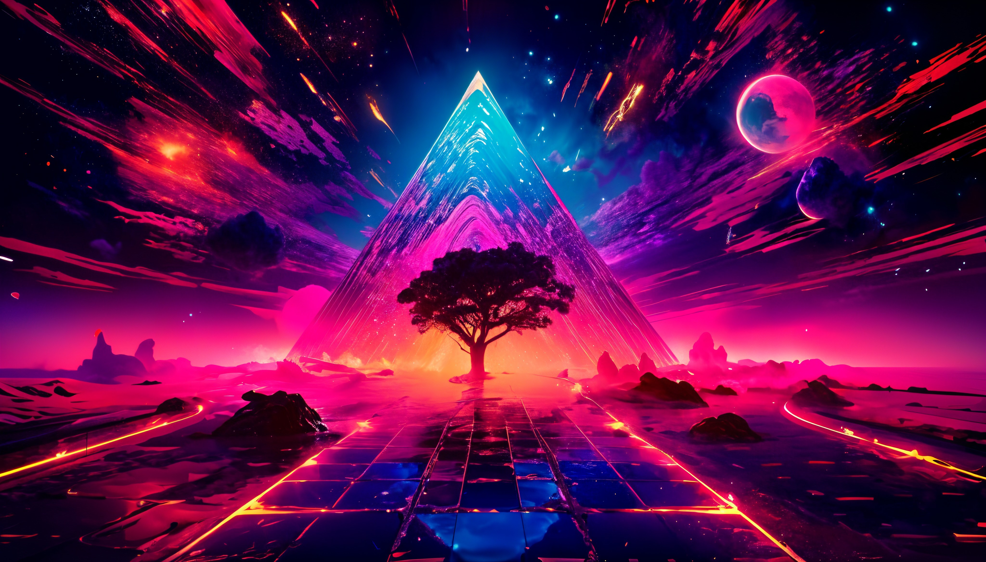Surreal Landscape with Neon Pyramid and Cosmic Elements