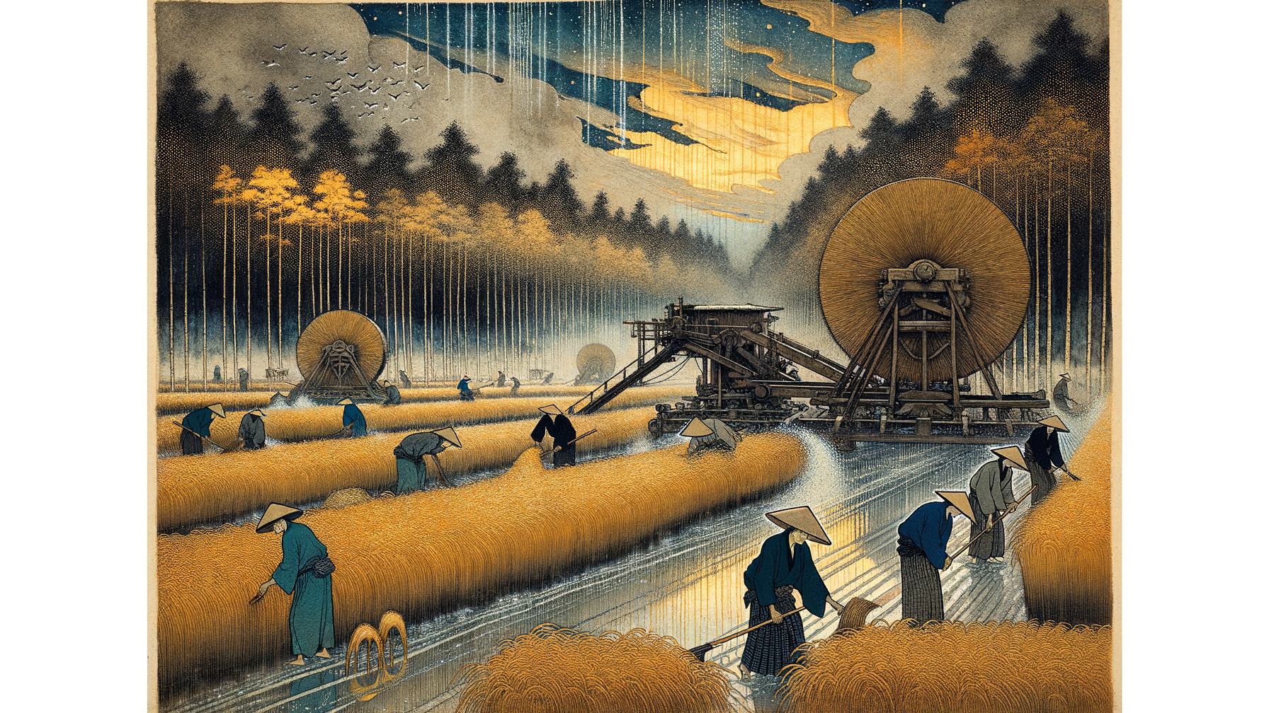 Serene Rice Harvest Scene at Dusk in Lush Landscape