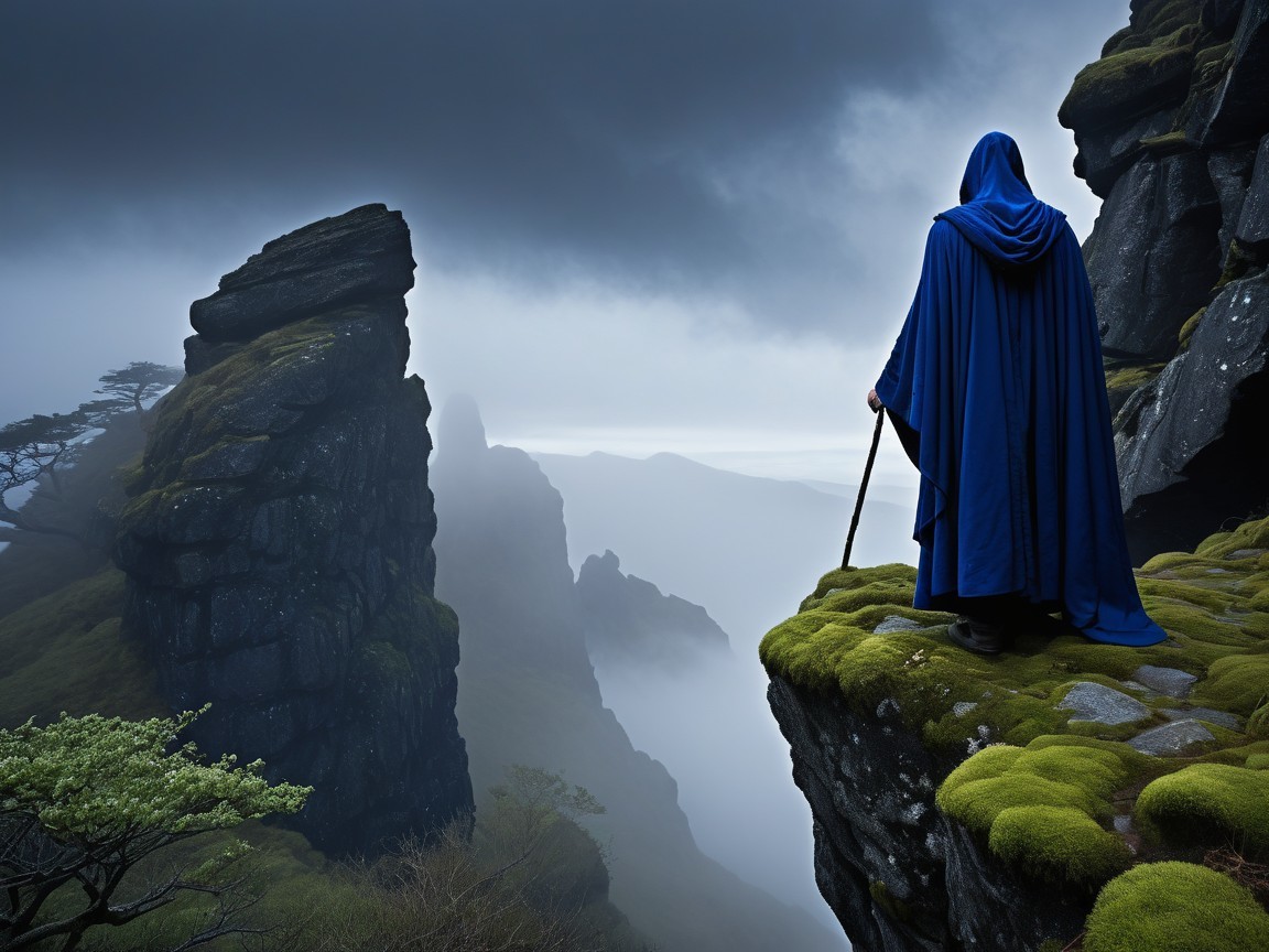 Cloaked Figure at Misty Cliff Overlooking Landscape
