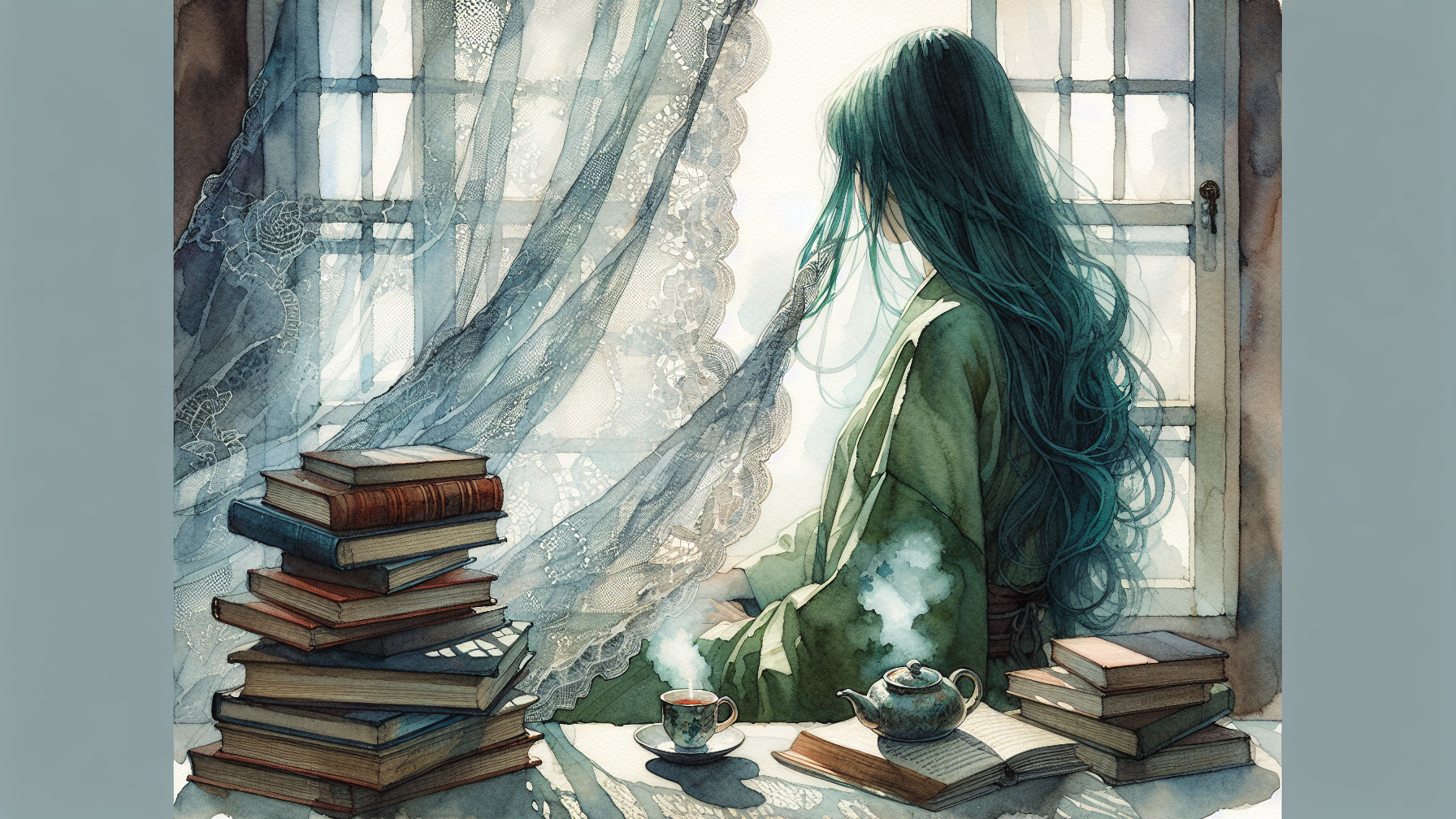 Tranquil Room with Teal-Haired Figure by Window