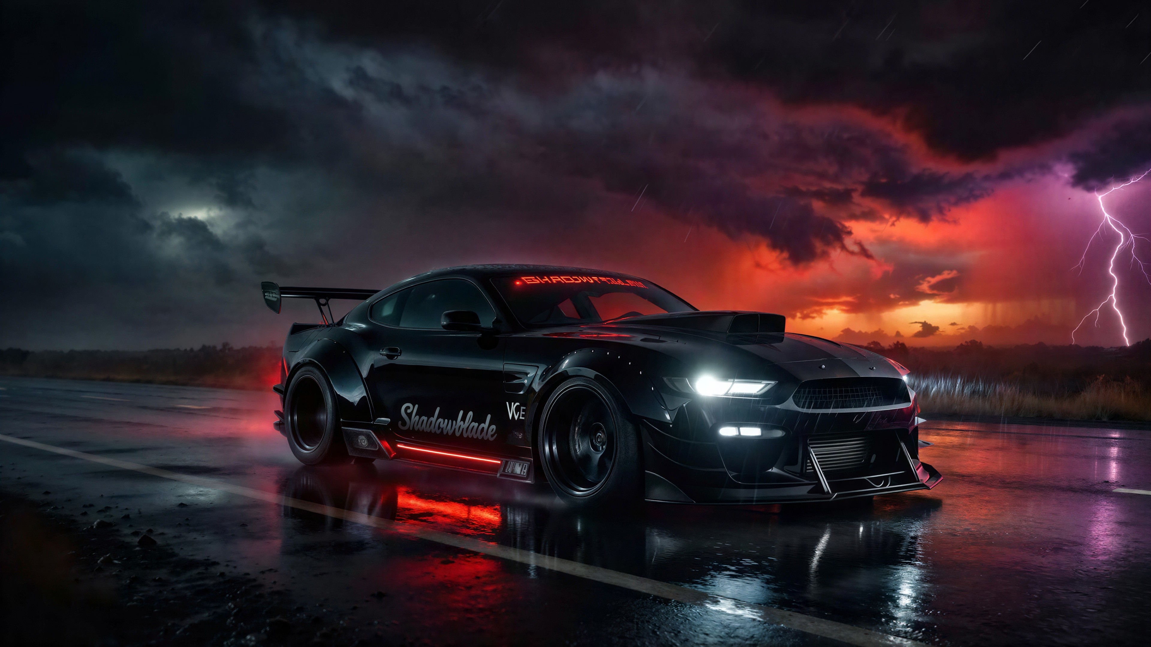 Customized Black Ford Mustang on Wet Highway at Night