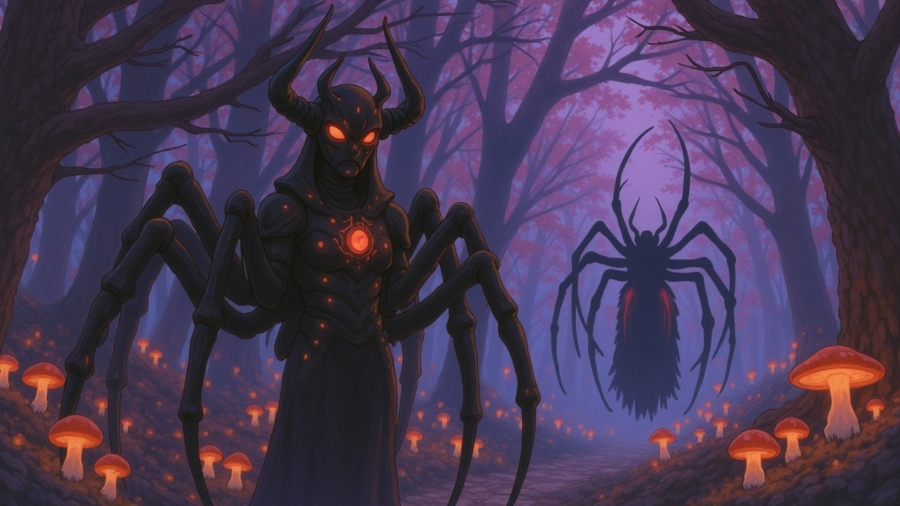 Mystical Forest with Sinister Humanoid Figure and Shadows