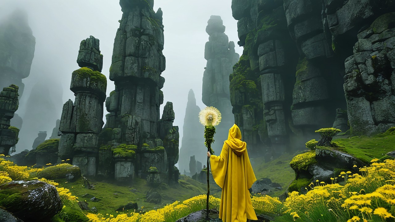 Figure in Yellow Robe in Misty Landscape with Pillars