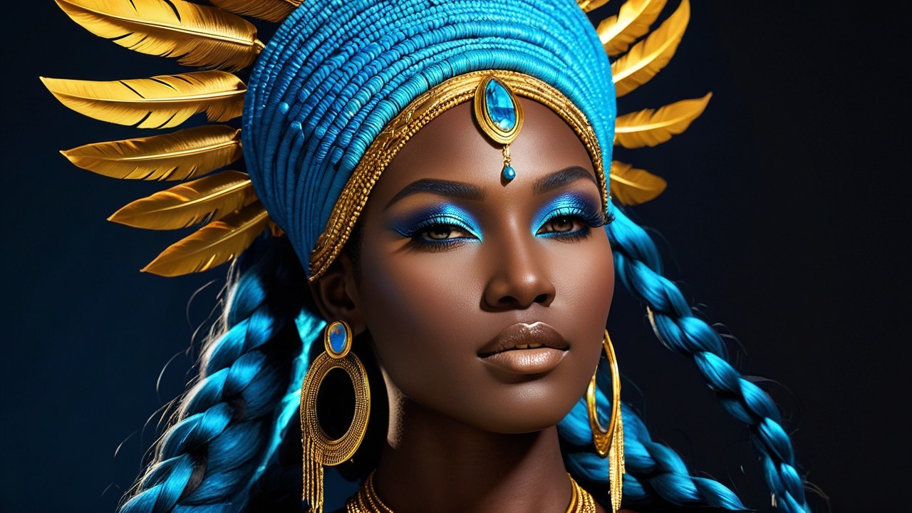 Portrait of a woman in blue and gold attire with feathers