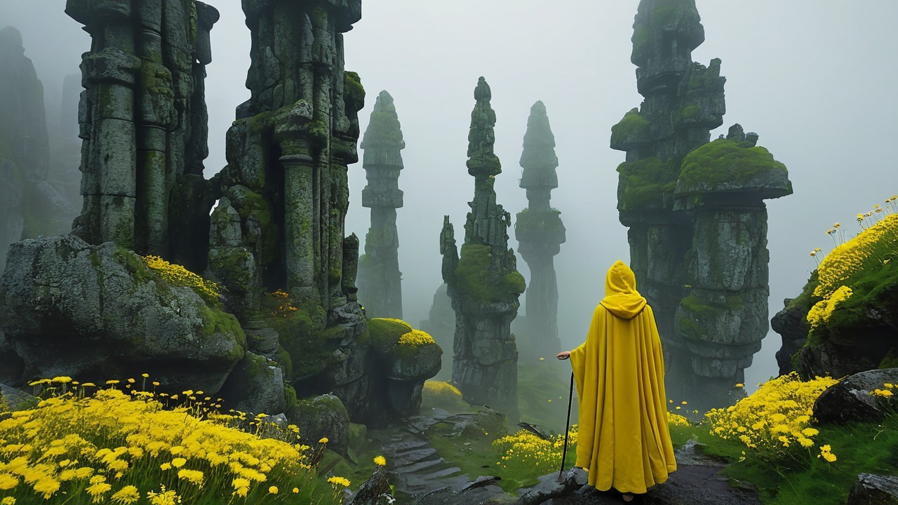 Mysterious Foggy Landscape with Stone Formations and Cloak