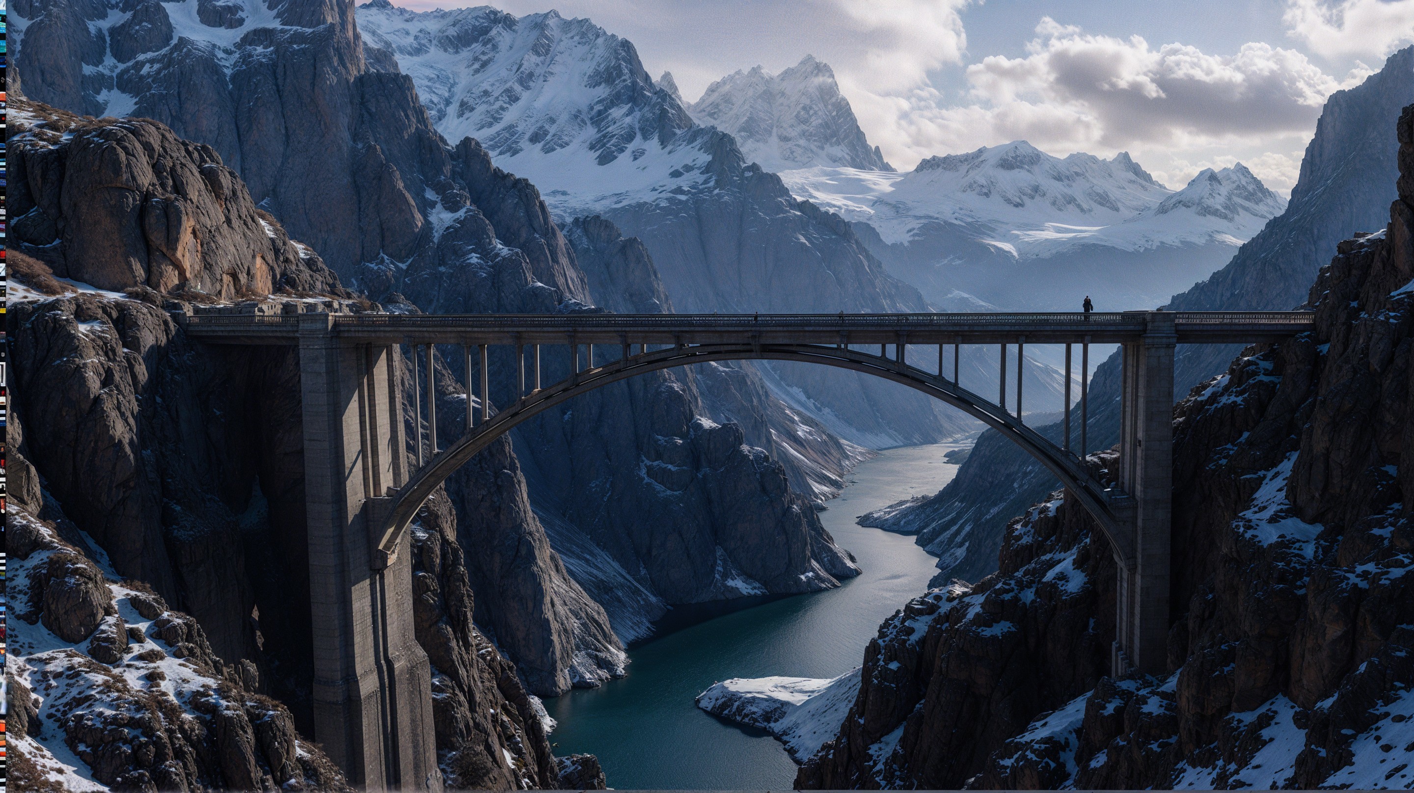 High-altitude bridge over a rugged canyon landscape