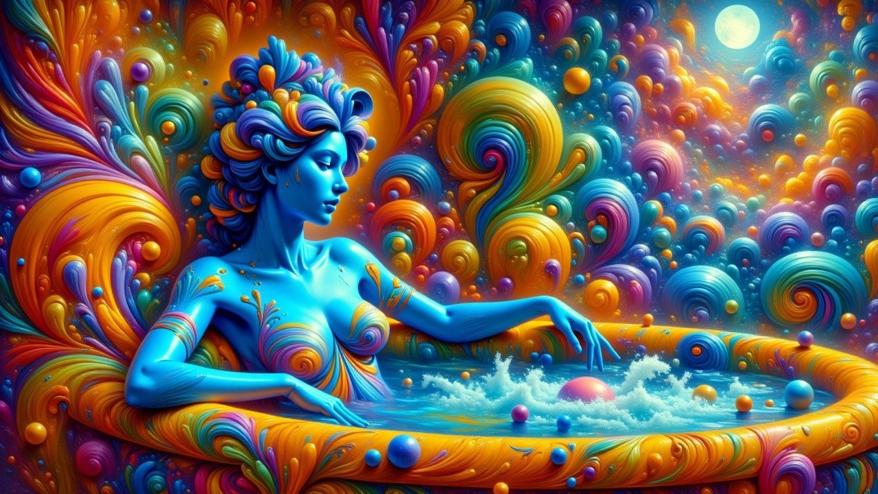Surreal Scene with Blue-Skinned Figure and Orbs