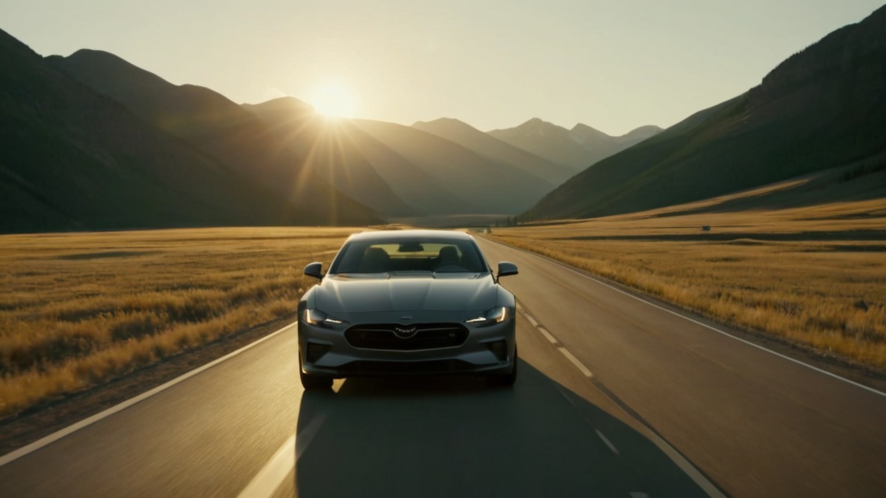 Modern car on winding road with sunset backdrop