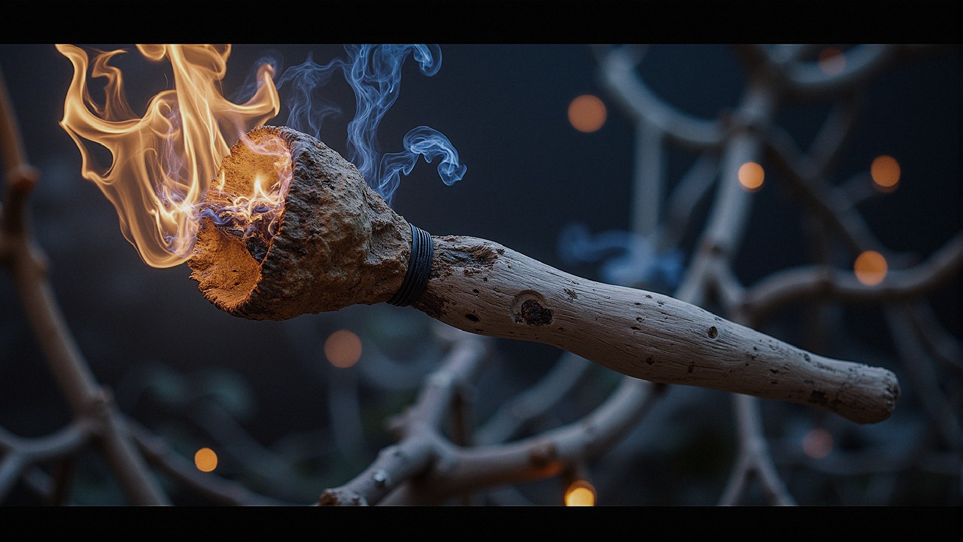 Rustic Handmade Torch with Flickering Flames and Smoke