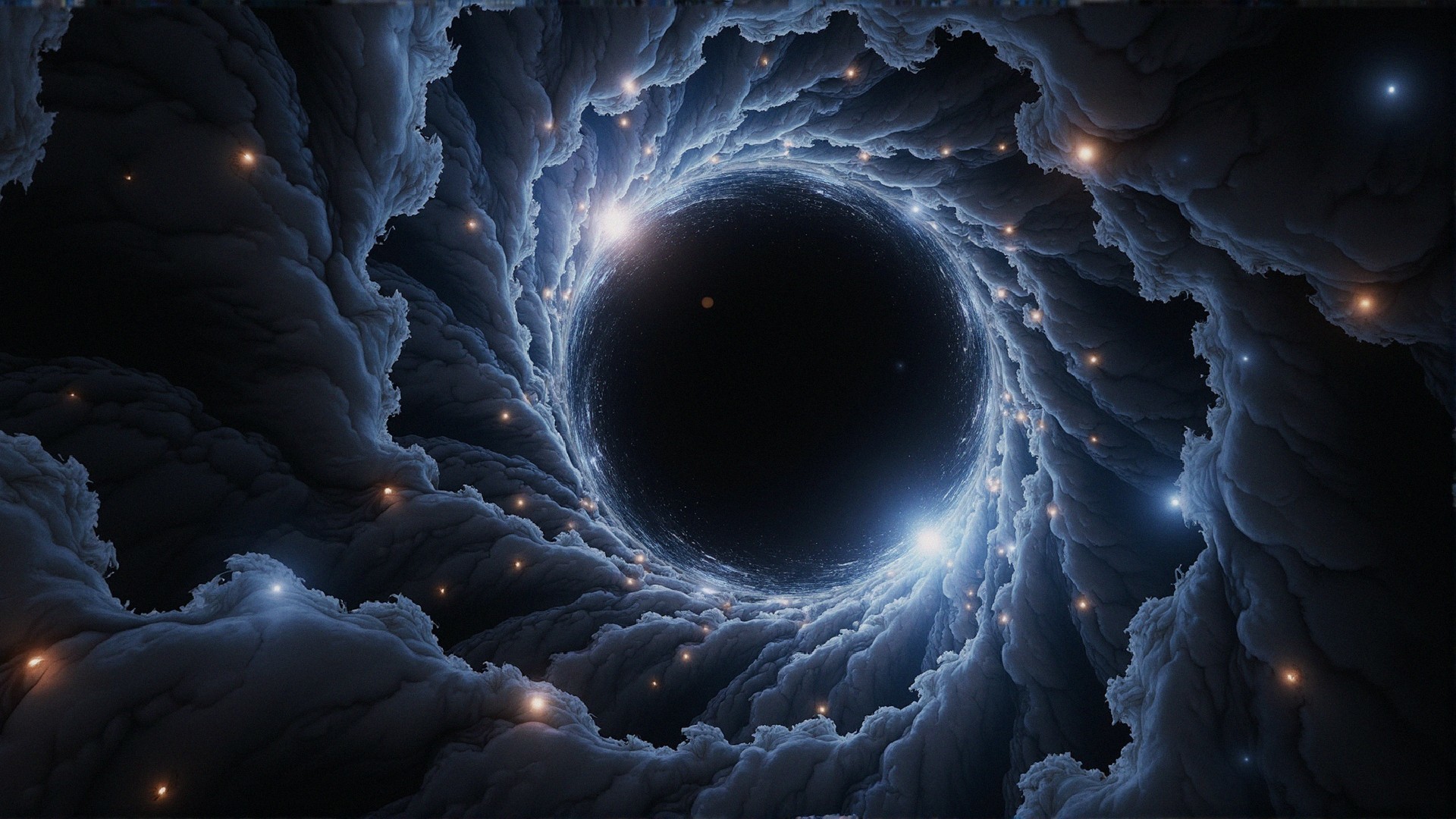 Swirling Cosmic Tunnel with Stars and Textured Clouds