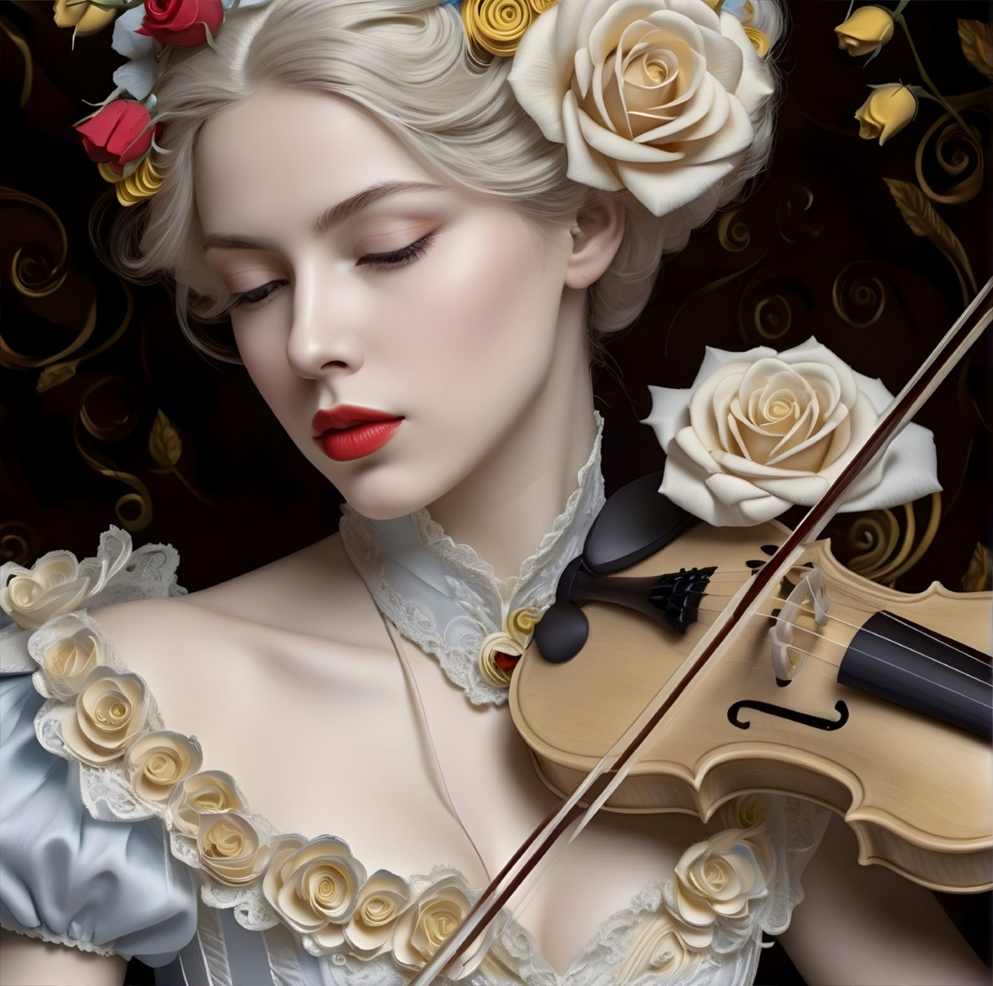 Serene Woman with Violin and Roses in Elegant Attire