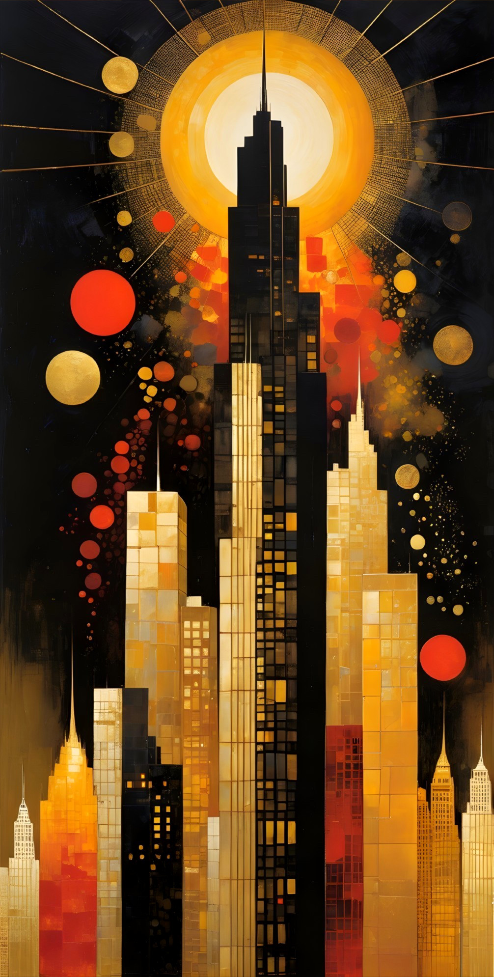 Vibrant City Skyline with Art Deco and Modern Elements