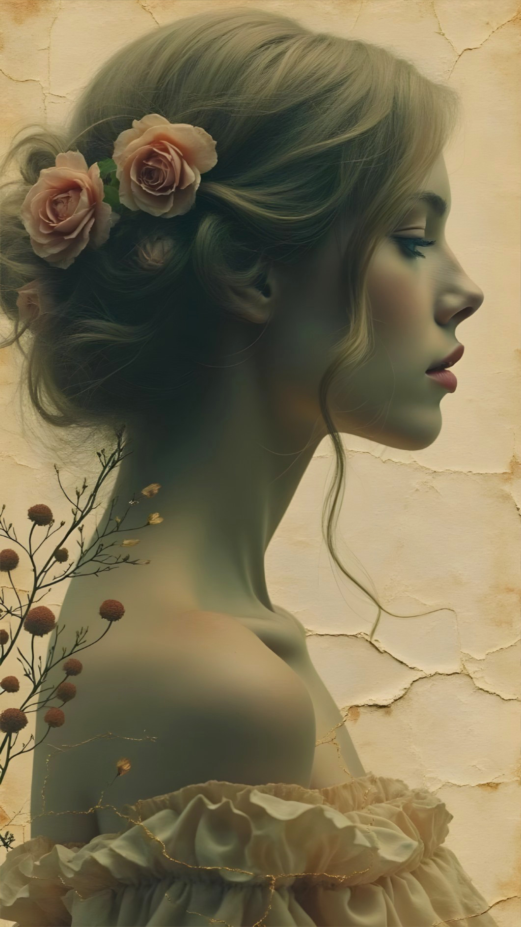 Profile of a woman with roses and soft lighting