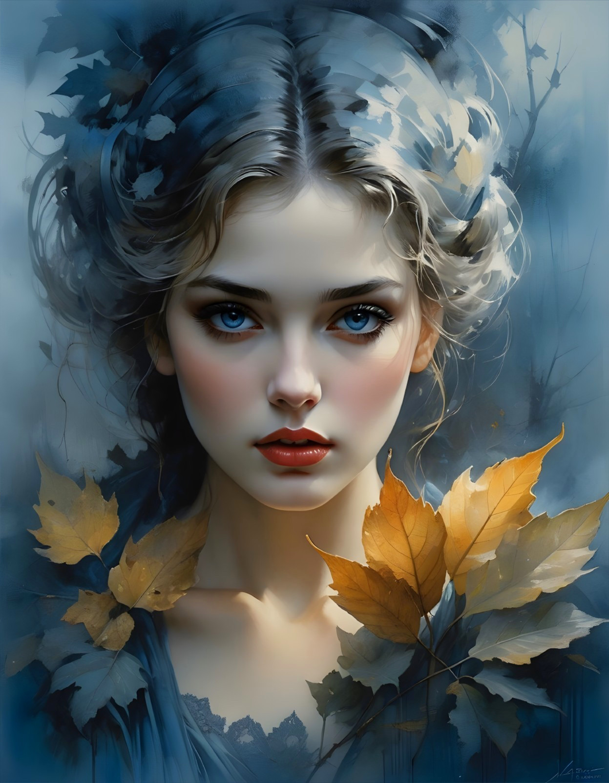Portrait of a Young Woman with Blue Eyes and Leaves