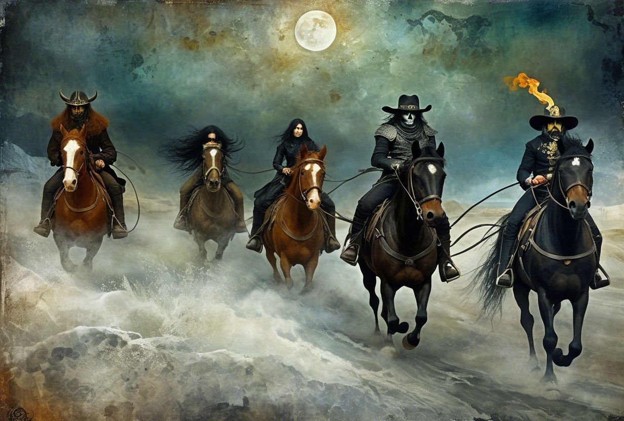 Mysterious Figures on Horseback in Foggy Landscape