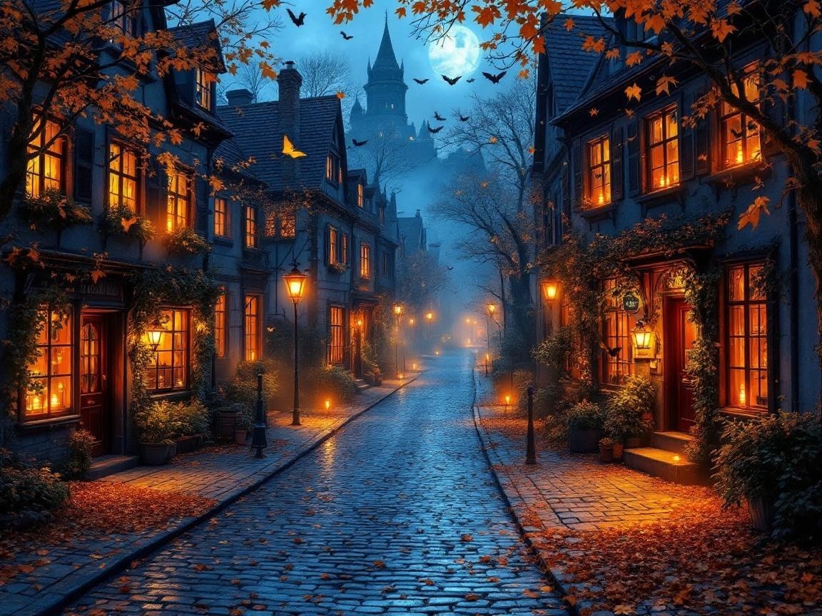 Moonlit Street with Charming Houses and Autumn Leaves