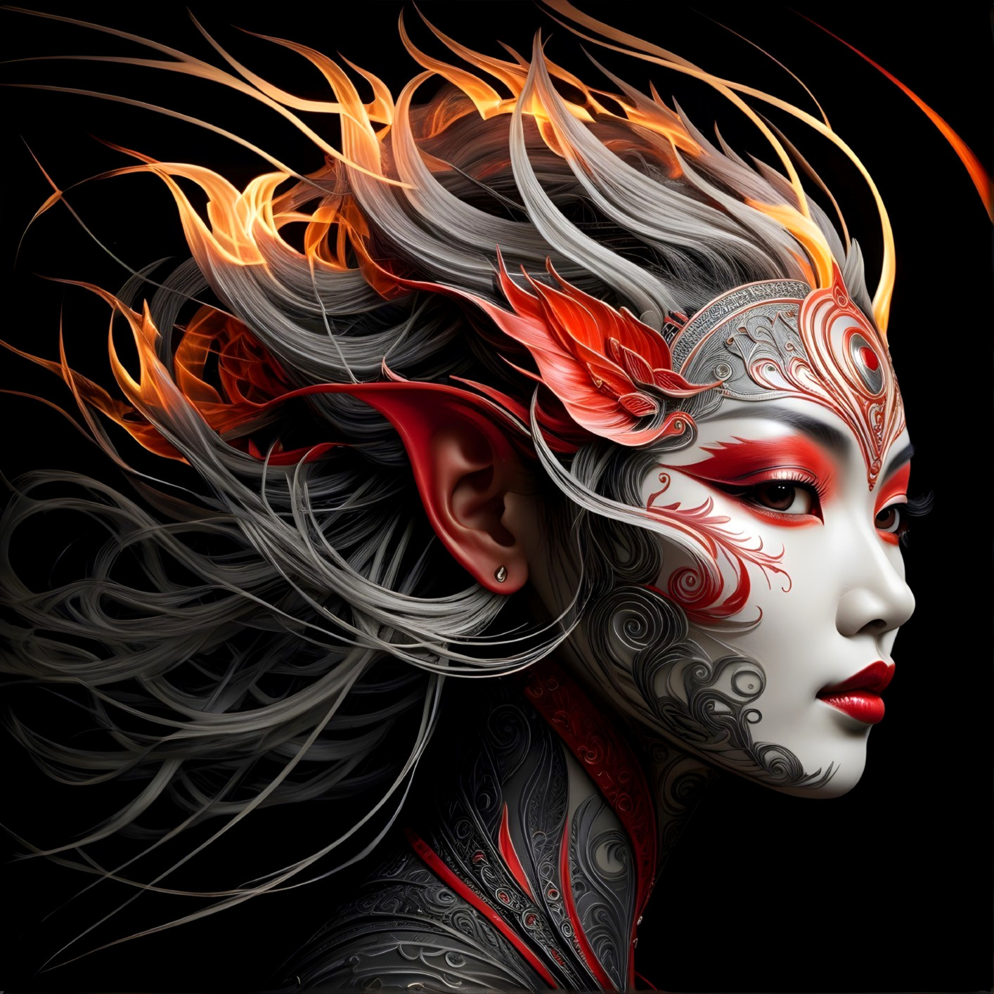 Mythical Woman with Silver Hair and Vibrant Patterns